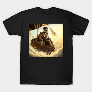 Steampunk ballon airship flyer watching the sunset above the clouds T-Shirt